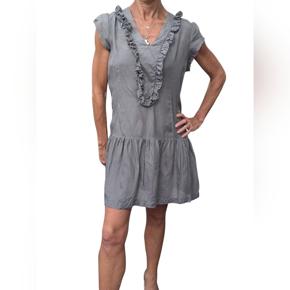 Kimchi Blue 100% Silk Ruffle Mini Dress Gray Romantic Drop Waist M